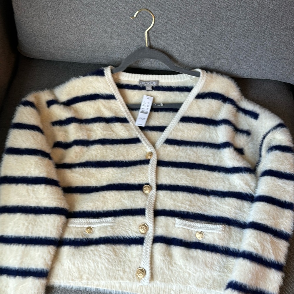 Jcrew fuzzy cardigan white and navy